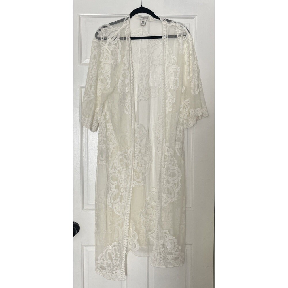 Rachel Zoe Sheer Lace Kimono Cardigan White Boho Beach Cover Up Maternity Hippie